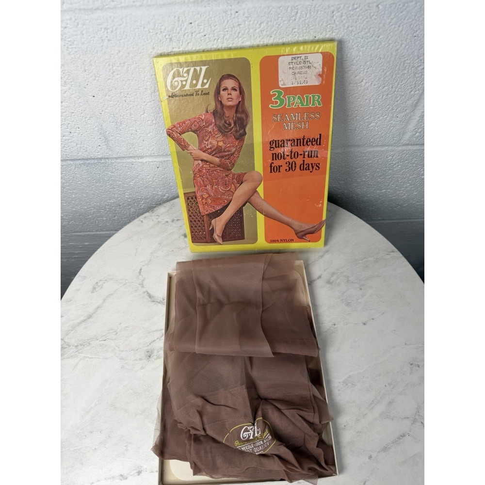 Vintage 1960s–70s GTL "Guaranteed To Last" Seamless Mesh Nylon Stockings
